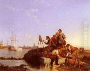 Artist at his Easel with Shipping beyond by Pieter Christian Dommerson