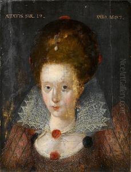 Portrait Of A Young Lady, Aged 
19, Bust-length, In A Crimson Embroidered Dress With A White Lace Collar
 And Pearl Earrings - view 1