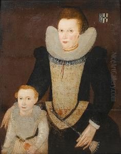 Portrait Of A Lady,
Three-quarter-length, In Black Costume With A White Ruff And A Red And
White Brocaded Stomacher, Her Child Standing At Her Side by Robert Peake