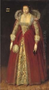 Portrait Of A Lady, Said To Be
Lady Style, Full-length, In A Red Dress With Elaborately Embroidered
Under-skirt And Lace Collar And Cuffs, Holding A Prayer Book In Her Left
Hand, In An Interior by Robert Peake