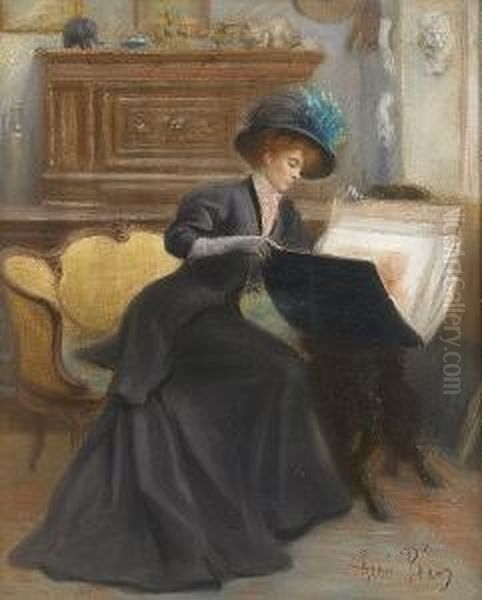 A Young Lady Examining An Artist's Folio - view 1