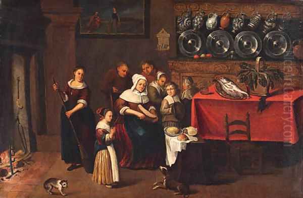 A Kitchen Interior with a Family gathered near a Table - view 1