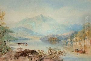 Fishermen And Cattle Watering In A Highland Loch by Cornelius Pearson