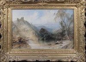 Scottish Anglers On The Shore Of A Loch With A Ruined Castle On Ahill In The Distance by Cornelius Pearson