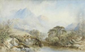 Mountainous River Landscape, An Angler In The Foreground Mountainous River Landscape, An Angler In The Foreground