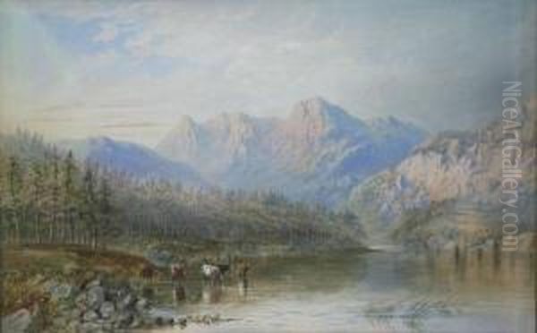 Mountainous Landscape With Cattle Watering In The Foreground - view 1