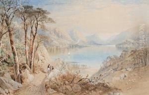 Figures On A Track Above A Lake; A Pony Andtrap On A Track Above A Lake