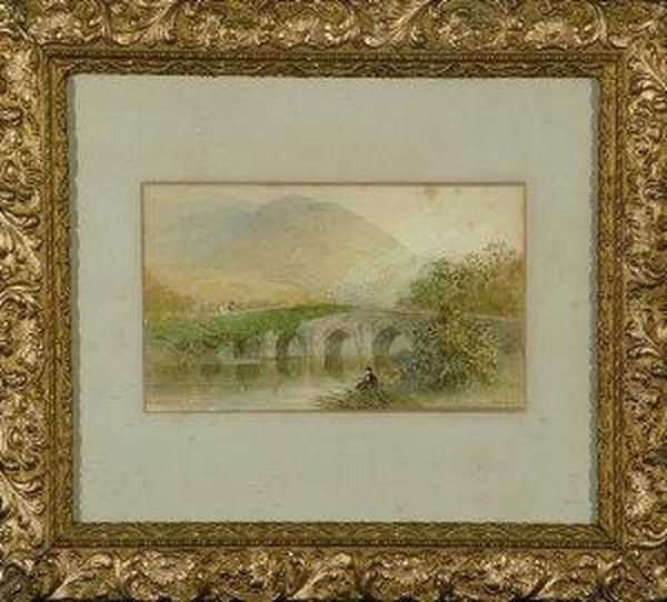 "the Old Bridge At Abergavenay, South Wales" - An Angler In The Foreground - view 1