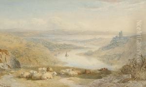 Sheep By A Gorge, A View To An Estuary Beyond by Cornelius Pearson