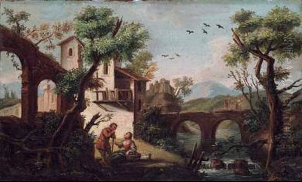 Paesaggio Con Cascatella E Figure - view 1