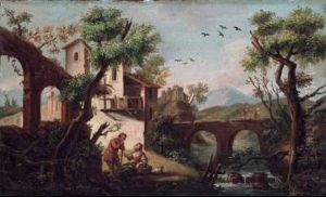 Paesaggio Con Cascatella E Figure by Domenico Pecchio