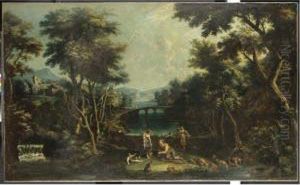 Paesaggio Con Contadini Che Raccolgono Frutta Presso Un Fiume by Domenico Pecchio