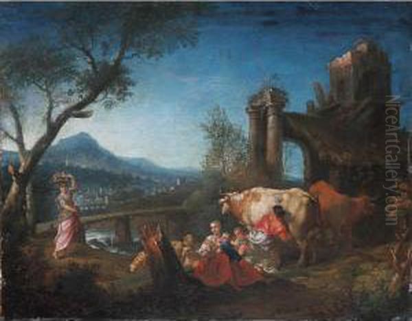 Paesaggio Fluviale Con Rovine Classiche, Pastorelle, Fanciulli Ed Armenti - view 1
