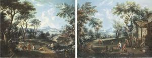 A Landscape With Peasants By A River; And A Landscape With Peasants Treading Grapes
