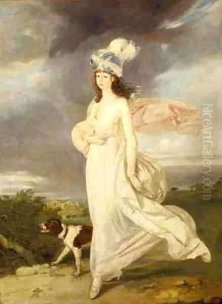 Windswept girl in a turban walking with a dog - view 1