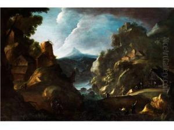 Fantasielandschaft Mit Burgruine, Hausern Und Anglern An Einem
Ins Tal Fuhrenden Fluss - view 1