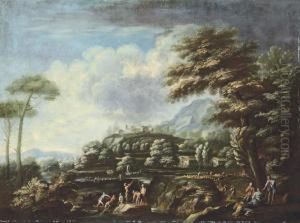 A Wooded Landscape With Fishermen