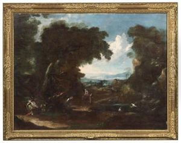 Bewaldete Felsige Landschaft Mit Einem Wildbach Und Figurenstaffage - view 1