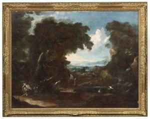 Bewaldete Felsige Landschaft Mit Einem Wildbach Und Figurenstaffage