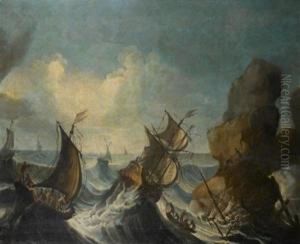 Navires Sur Une Mer Agitee Pres D'un Rocher