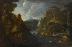 A Rocky River Landscape With Figures Takingshelter Before A Hut
