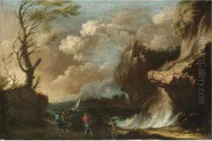 Figures By The Coast Taking Shelter From A Storm