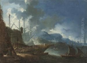 A Rocky Coastal Landscape With A Port And Seamen Cooking Over An Open Fire