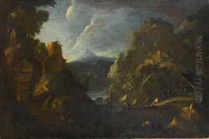 A Rocky River Landscape With Figures Taking Shelter Before A Hut