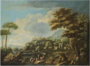 An Extensive River Landscape,
With Fishermen Drawing Their Nets In The Foreground, A Hilltop Town
Beyond thumbnail