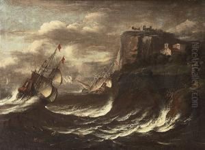 Shipping Foundering In Stormy Seas Off A Rocky Coastline by Bartolomeo Pedon