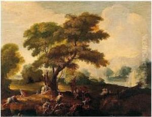 A River Landscape With Figures Fishing And Resting In The Foreground, A Castle Beyond A River Landscape With Figures Fishing And Resting In The Foreground, A Castle Beyond