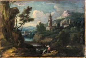 Paesaggio Lacustre Con Due Astanti E Un Borgo Turrito Inlontananza