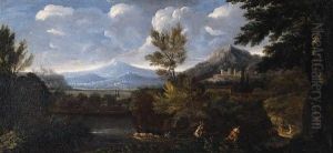 Paesaggio Fluviale Con Un Borgo Classico In Lontananza