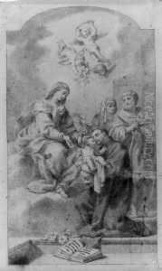 Die Madonna Mit Kind Einem Monch
 Erscheinend. Im Hintergrund Die Hl. Anna Und Der Hl. Joseph, Uber Der 
Szene Engel.