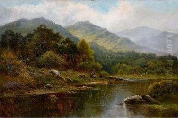 Three Figures Seated On The Bank
Of A River With A Farm Cottage And A Range Of Hills Beyond - view 1