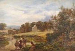 Extensive Landscape With Figures On A Pathwayby A Country House by James Peel