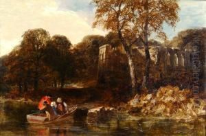 Figures In A Boat Approaching A Ruined Abbey by James Peel