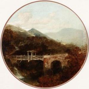A River Landscape With Figures Crossing A Bridge In North Wales by James Peel