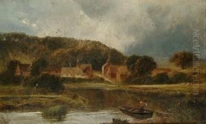 Cattle In A Highland Landscape; And A Figure On A Boat, A Village Beyond by James Peel