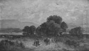 Travellers On The Path In An Extensive Mountainous Landscape by James Peel
