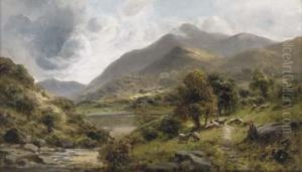 A Shepherd With His Flock In A Lake Landscape - view 1