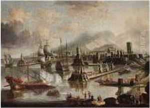 View Of The Harbour At Rhodes by Bonaventura Ii Peeters