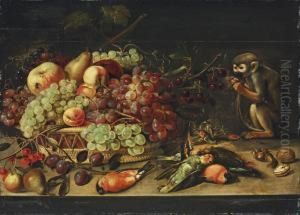 Apples, Cherries, Apricots And 
Other Fruit In A Basket, With Pears, Plums, Robins, A Woodpecker, A 
Parrot And A Monkey Eating Nuts, On A Table
