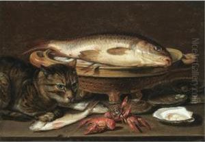 A Still Life With Fish In A 
Ceramic Colander, Oysters, Langoustines, Mackerel And A Cat On The Ledge
 Beneath
