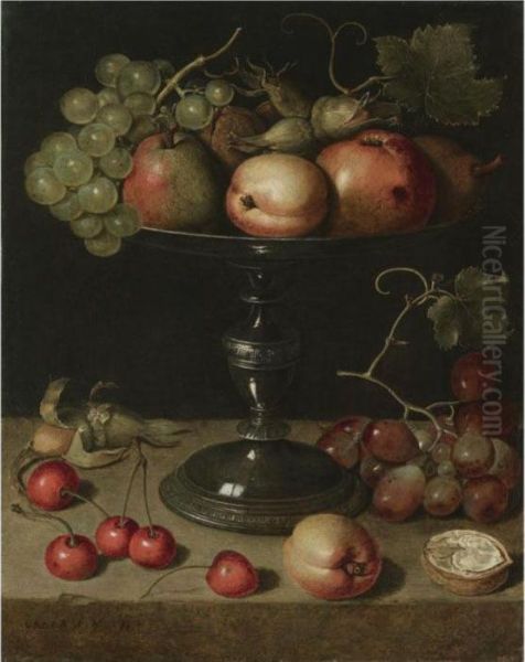 Still Life With Pears, An Apple,
 An Apricot, Almonds And Walnuts On A Tazza With Grapes, A Walnut, An 
Apricot, Cherries And Almonds On A Stone Ledge - view 1