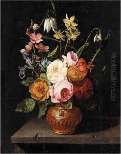 A Still Life Of Roses, Lilies, 
Irises, Narcissi And Snake-head Fritillaries, In An Urn, Upon A Stone 
Ledge