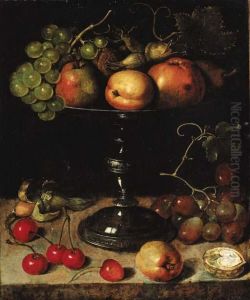 Pears, An Apple, An Apricot, 
Grapes, Almonds And Wallnuts On A Tazza With Grapes, A Wallnut, An 
Abricot, Cherries And Almonds On A Stone Ledge