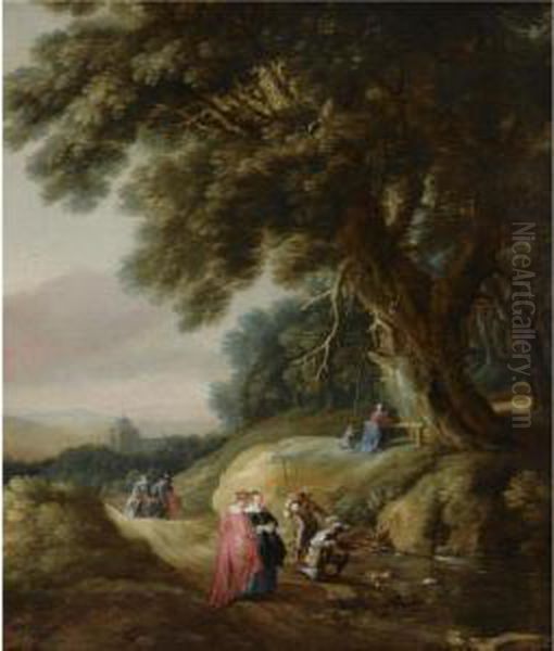 A Wooded Landscape With Elegant
Travellers And Huntsmen On Apath, With A Woman And A Child Praying At A
Shrine - view 1