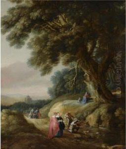 A Wooded Landscape With Elegant 
Travellers And Huntsmen On Apath, With A Woman And A Child Praying At A 
Shrine