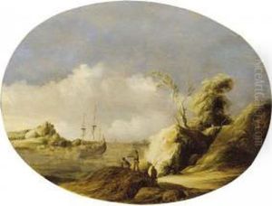 A Coastal Landscape With A Sailing Vessel At Anchor And Figures In The Foreground by Gillis Egidius I Peeters